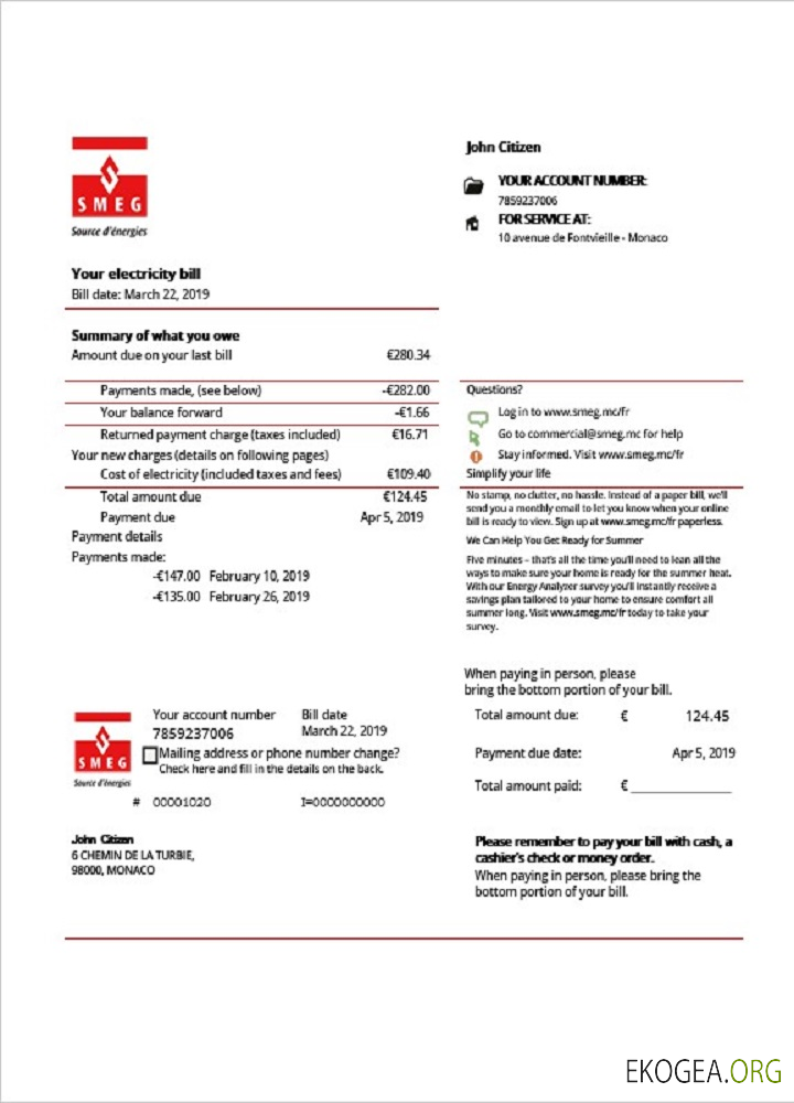 Monaco SMEG electricity utility bill template in Word and PDF format